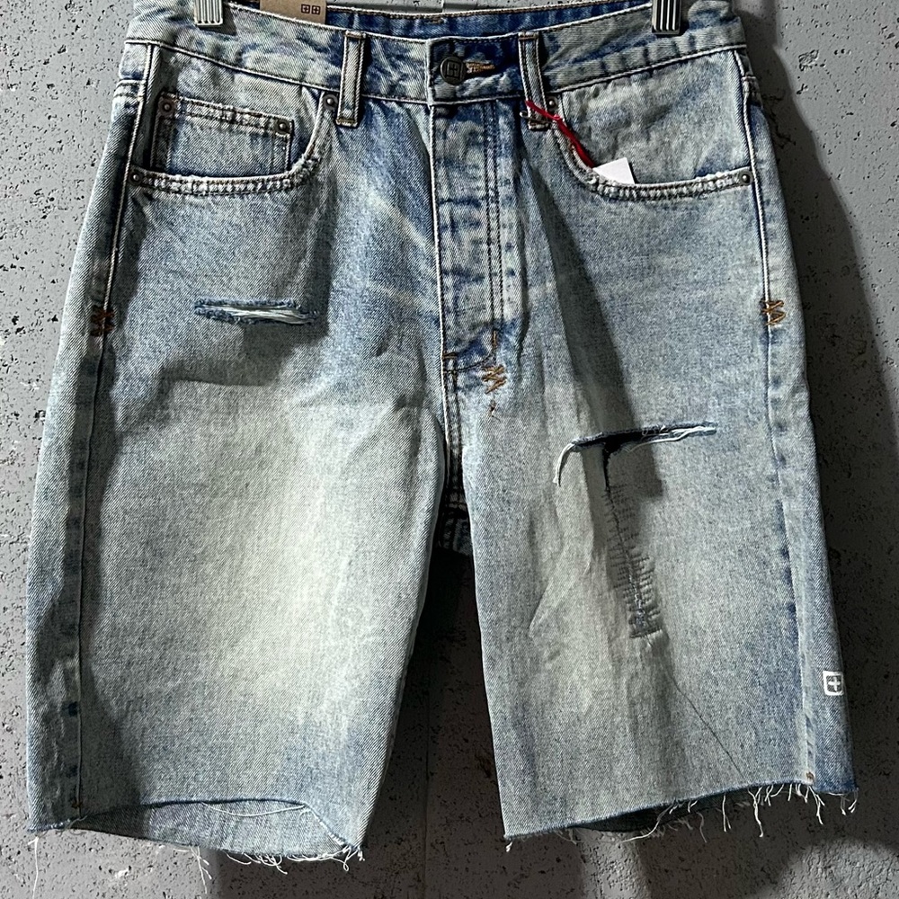 Waist 28"Ksubi Blue  Distressed Jean Shorts High-Waisted - Front Ripped/Shredded